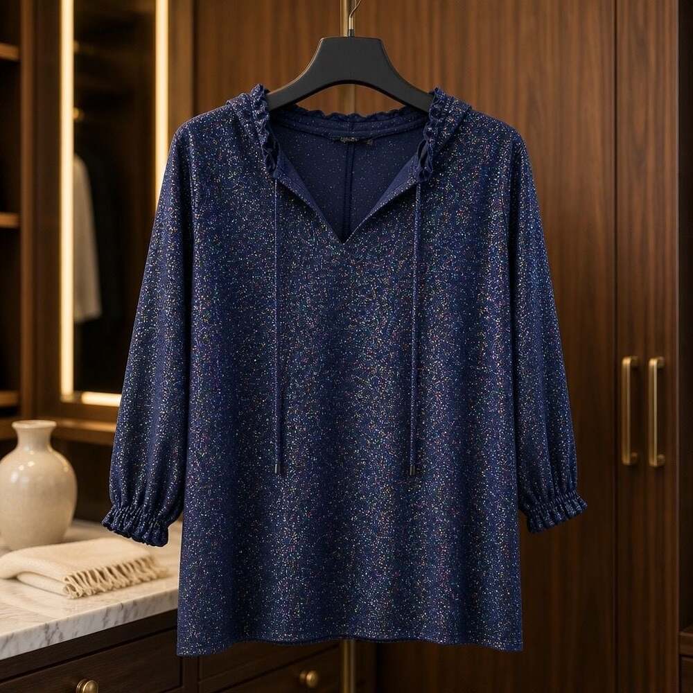 CURE Women's Navy Blue Sparkle Metallic Tunic Top w/ Drawstring and Smocked Cuff